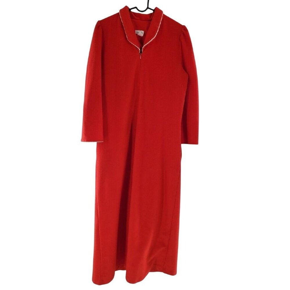 Vintage 1970s Red Zip Front Lounge Dress with Piping Trim and Pockets Small